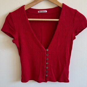 Reformation Ribbed Button Front Crop Top | Red V-Neck Stretch Knit | Size XS